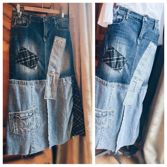 Skirt Maxi  Denim ALL PATCHED DENIM MAXI & BEADED TOP - Picture 1 of 15